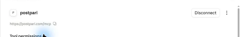 Postpari connector details in Claude displaying the MCP URL and a Disconnect button, indicating an active connection