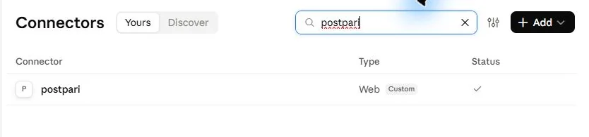 Claude Connectors page with the Add button and a connected Postpari example