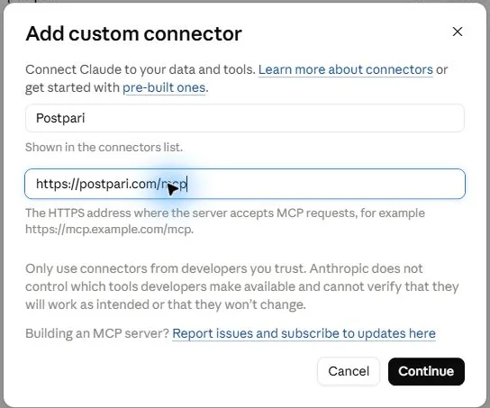 Claude Add custom connector form filled with the name Postpari and https://postpari.com/mcp